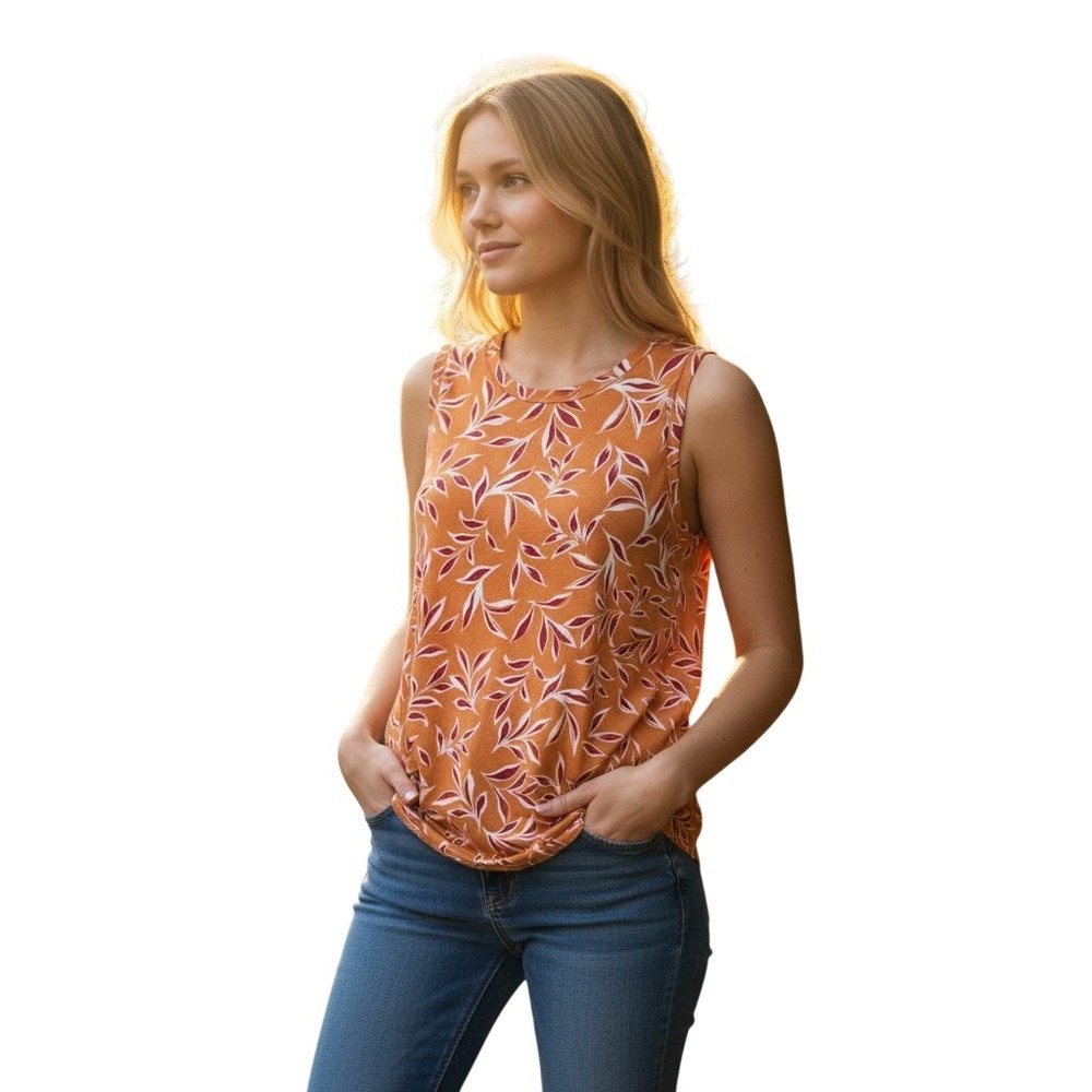 Vince Camuto Easy Breezy Sleeveless Top Orange Leaf Print 91325616 Chili Mens M